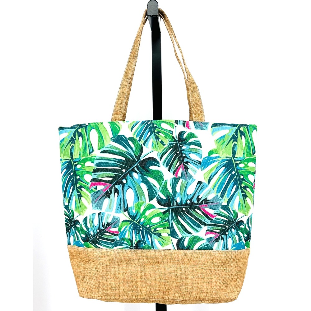 Monstera Palm Tote Bag Tropical Blue‎ & Green Shoulder Bag Linen Bottom NEW